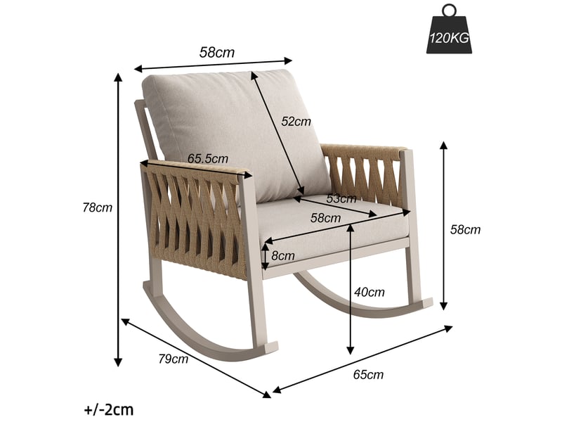 Fauteuil à bascule extérieur jardin 65x79x78 cm avec cordage croisé et coussins confort, pour terrasse, métal, beige  - Conforama C