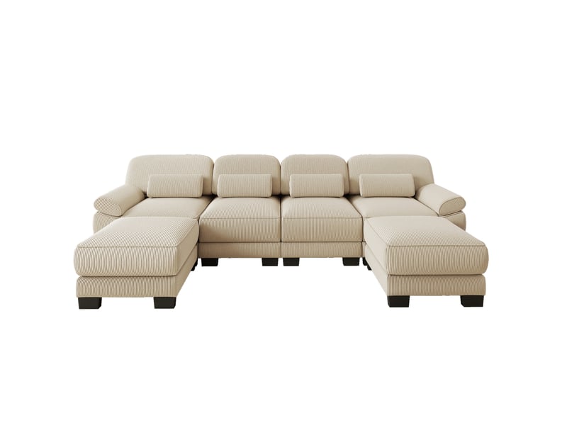  Canapé modulable en u 4 places 336 x 161 x 94 cm, 2 poufs, assise profonde, soutien ergonomique, velours côtelé beige  - Conforama A
