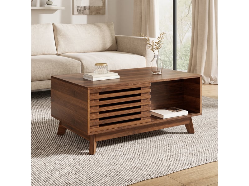  Table basse rétro moderne, plateau réglable en hauteur, porte coulissante à persiennes, aspect noyer, structure en mdf, table de salon multifonctionnelle  - Conforama B