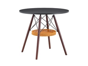 Table à manger ronde 80 cm noire et noyer, panier de rangement suspendu