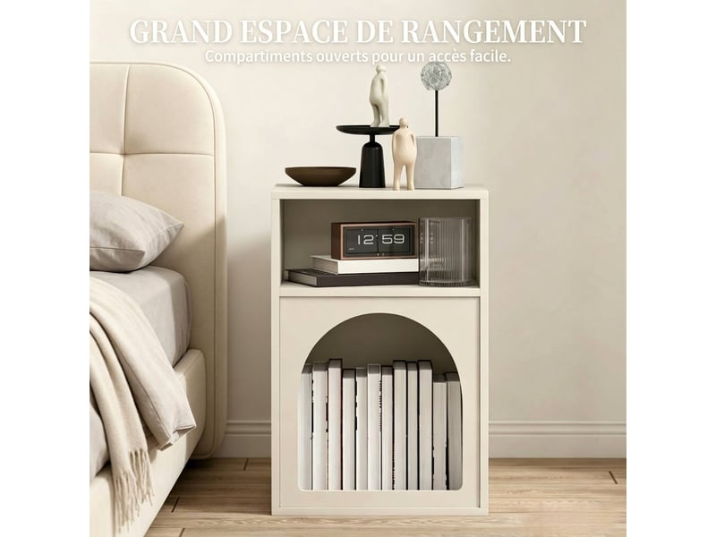  Table de chevet crème avec niche ouverte, design arrondi en mdf, 40x30x60 cm  - Conforama D