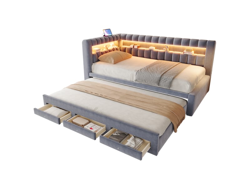 Lit banquette rembourré - 90x190 cm - convertible - tiroirs de rangement - rangements intégrés - éclairage led - port usb - gris CozyNest - Conforama A