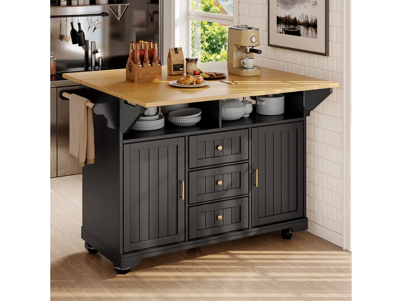  Îlot de cuisine noir avec plateau extensible, desserte à roulettes 120x40x95 cm, 3 tiroirs et 2 portes, mdf et métal  - Conforama C