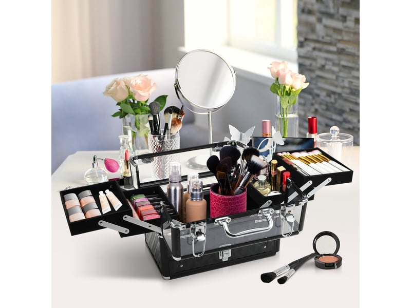 Trousse de maquillage & bijoux portable multi-niveaux, alliage aluminium, poignée, plateaux dépliables, 30 x 18,5 x 22 cm, transparent noir - Conforama D