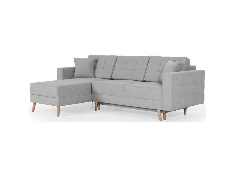  Canapé d'angle convertible hasgard 3 places gris 248x162 cm – coffre et pieds bois  - Conforama D