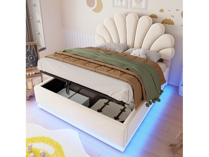 Lit double 140 × 200 cm avec coffre hydraulique, led intégrées et tête de lit fleur en velours beige pour chambre - Conforama B