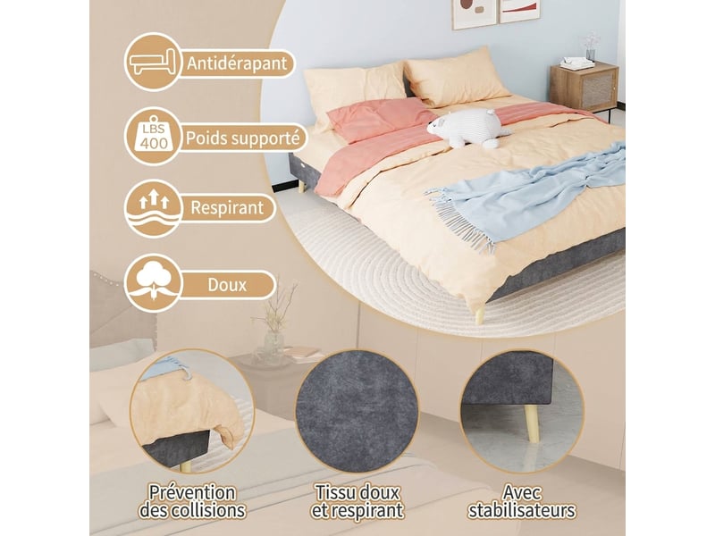 Cadre de lit 160x200 bas lit double gris velours hollandais sans tête de lit - Conforama D
