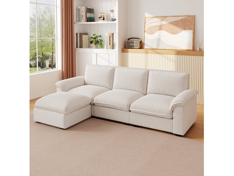  Canapé d'angle modulaire 4 places avec ottomane mobile, coussins et housses zippées en chenille beige  - Conforama B