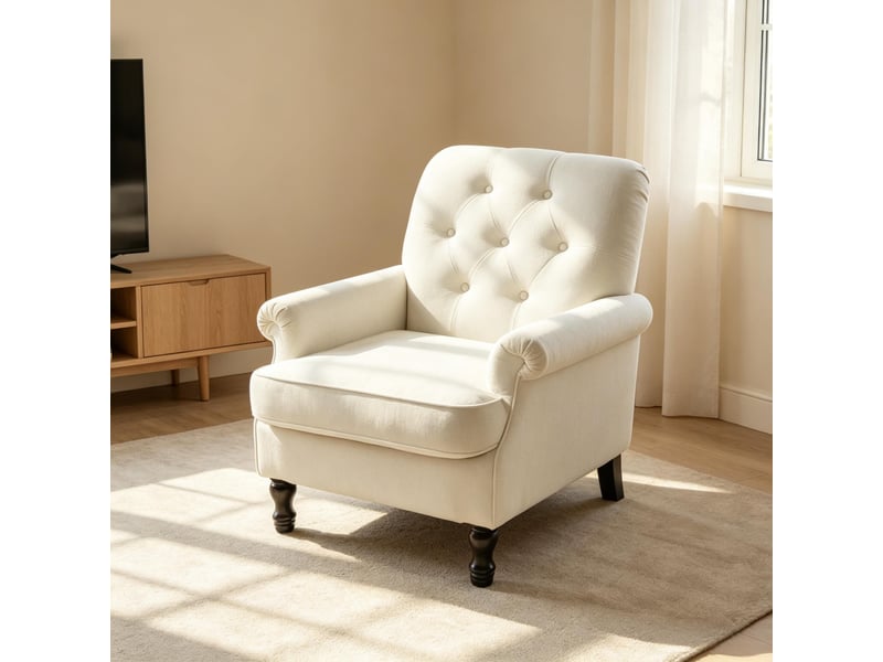  Fauteuil de salon 1 place 69x75x90 cm, dossier capitonné, assise épaisse à ressorts, pieds en bois, tissu lin, crème  - Conforama D