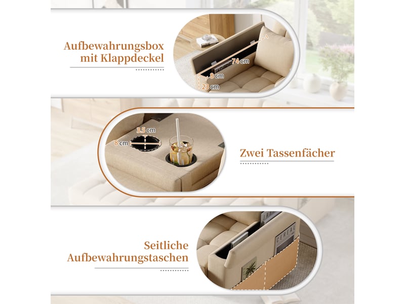  Canapé convertible 2 places beige avec rangement intégré et dos réglable pour salon  - Conforama D