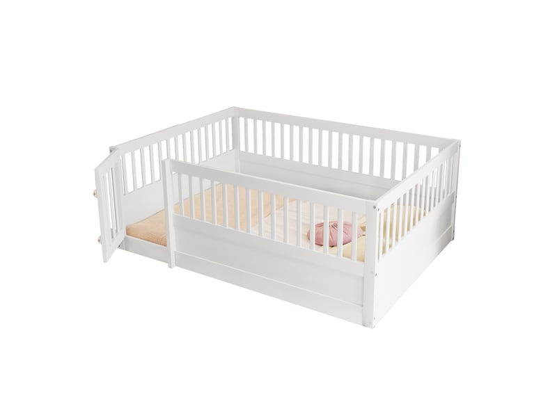  Lit enfant 140 × 200 cm 2 places avec barrière de sécurité et porte, sans matelas, en bois massif, blanc  - Conforama A