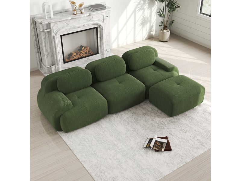  Canapé d’angle 3 places modulable en velours côtelé vert sans cadre, confort 32d et prêt à installer  - Conforama E