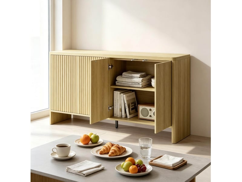  Buffet bas 4 portes en mdf décor chêne clair avec étagères réglables et ouverture par pression  - Conforama E