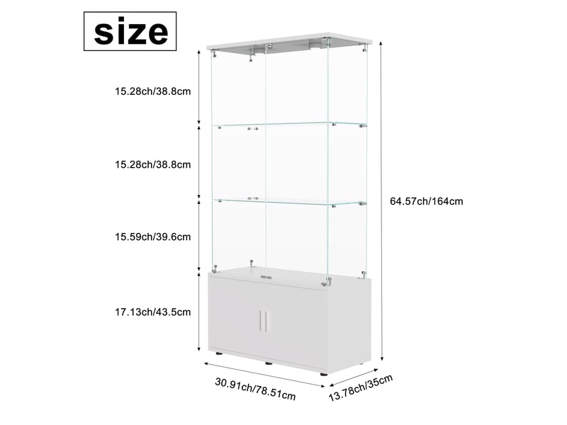  Vitrine en verre 3 niveaux avec meuble de rangement inférieur double porte - blanc - 78,5 x 35 x 164 cm - armoire d'exposition avec éclairage led  - Conforama B