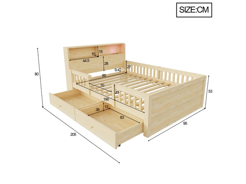 Lit enfant 90 × 190 cm 1 place avec 2 tiroirs, usb, type c et lampe de lecture, sans matelas, bois naturel - Conforama D