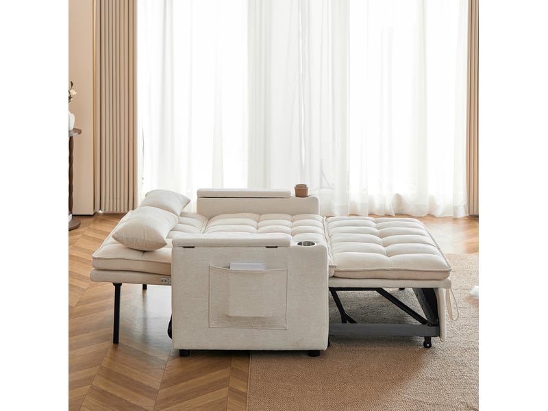  Canapé convertible 3 en 1 142 x 89 x 89 cm beige en chenille, rangements, poches et porte-gobelets  - Conforama B