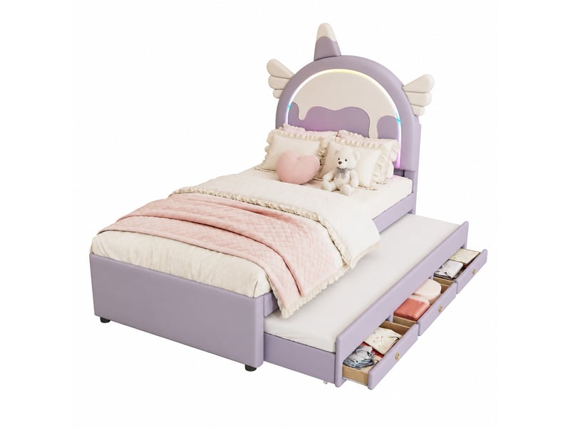 Lit enfant simple 90×200 cm, tête licorne, lit gigogne et tiroirs - okmyhome- en pu violet, sans matelas - Conforama A