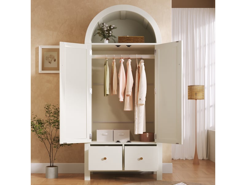 Armoire de chambre 181x78x45 cm avec sommet arqué et cannage rotin, armoire dressing avec 2 portes magnétiques, 2 tiroirs, tringle, blanc OPULERANE TRADING LTD - Conforama E
