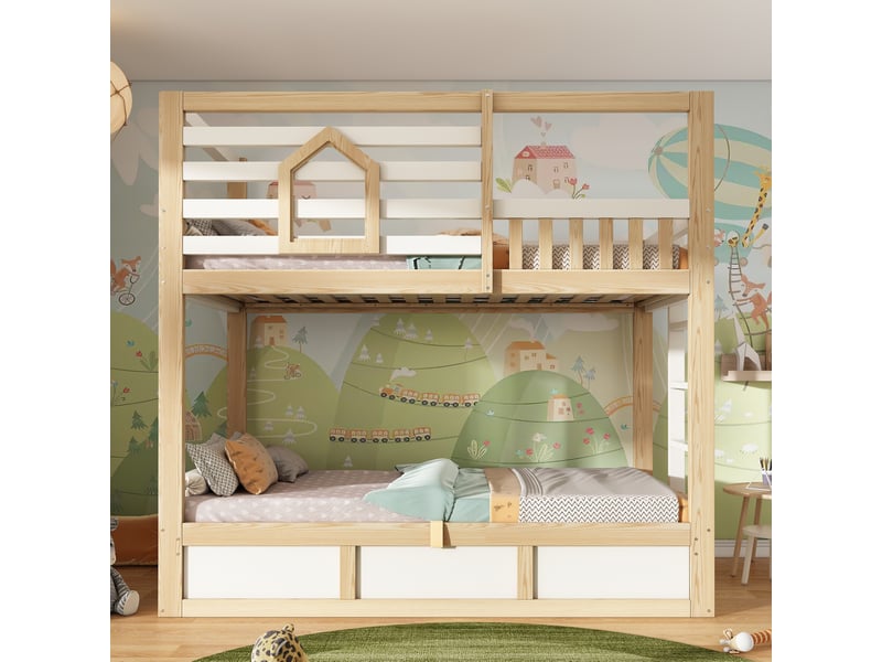  Lit superposé enfant 2 x 90 x 200 cm, rangement hydraulique, blanc chêne  - Conforama D