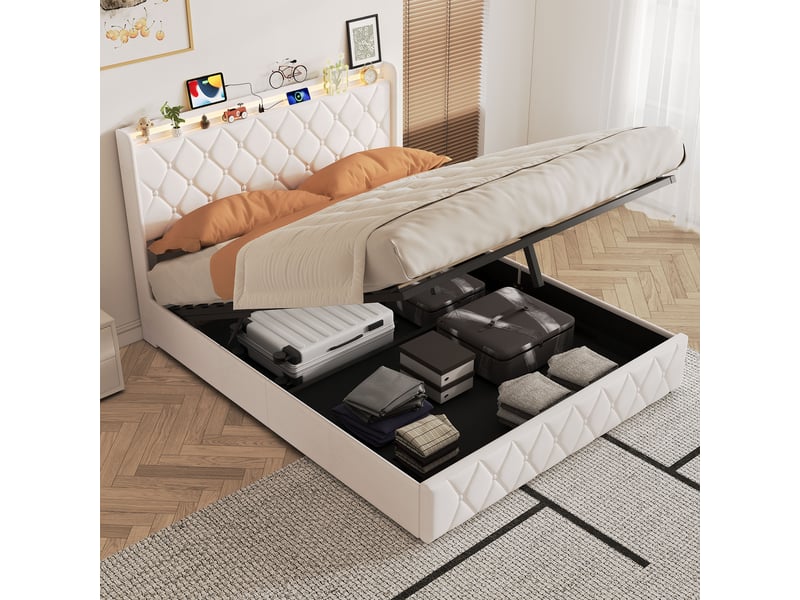 Cadre de lit 160x200 cm avec rangement sous lit à vérin pneumatique, tête de lit rembourrée en velours blanc, éclairage led rgb, ports usb et type-c, lit adulte design moderne - Conforama B