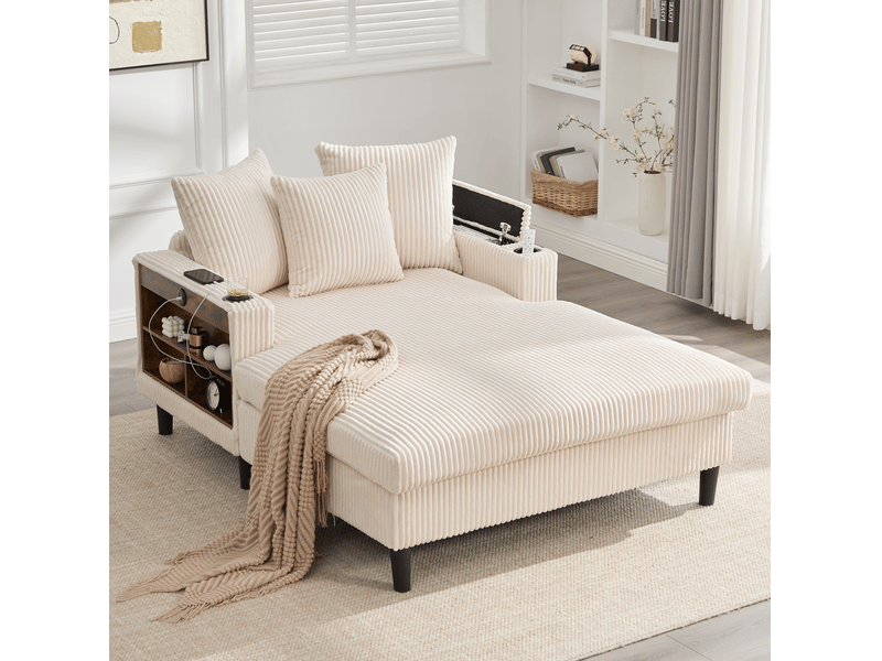  Méridienne fixe 1 place en velours côtelé beige avec led, usb, rangements et 2 porte-gobelets intégrés  - Conforama B