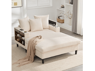 Méridienne fixe 1 place en velours côtelé beige avec led, usb, rangements et 2 porte-gobelets intégrés