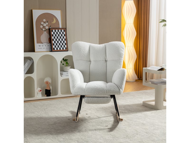 Rocking chair blanc en tissu teddy, fauteuil relax avec repose-pieds escamotable pour salon et chambre - Conforama C