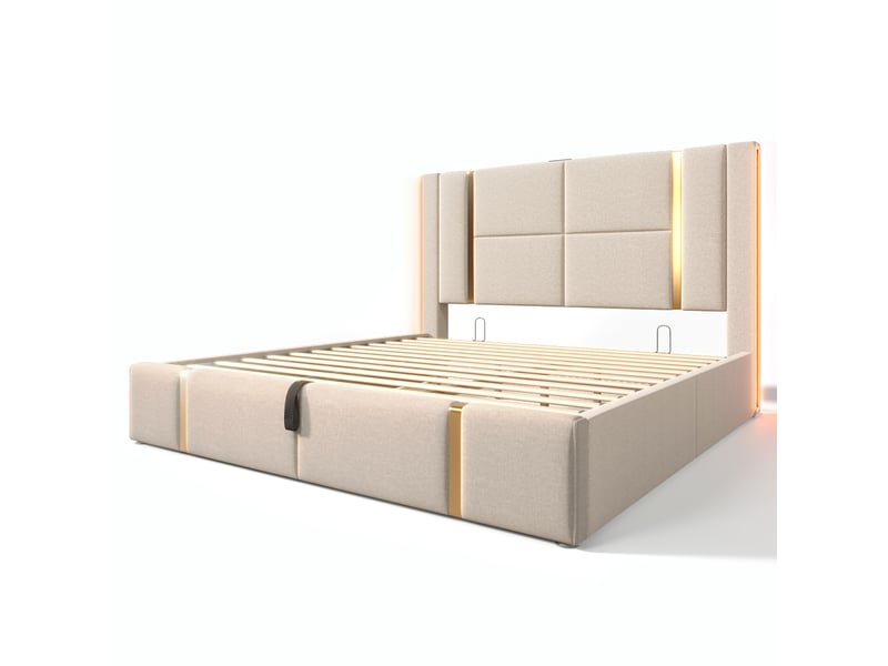  Lit double 180x200 cm bois lin beige rangements led app ports usb-c sans matelas  - Conforama A
