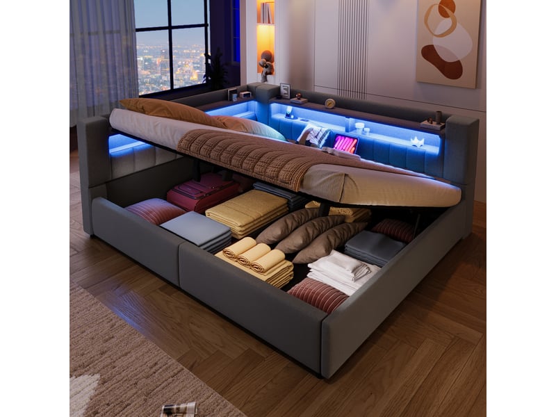 Lit coffre hydraulique 140x200 cm avec led et usb-c, tissu lin gris, structure mdf, sans matelas - Conforama B