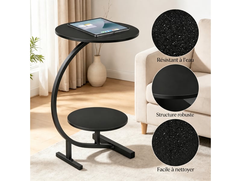  Table d'appoint ronde noire, bout de canapé à 2 niveaux, structure en métal et plateau mdf, h66 cm  - Conforama R