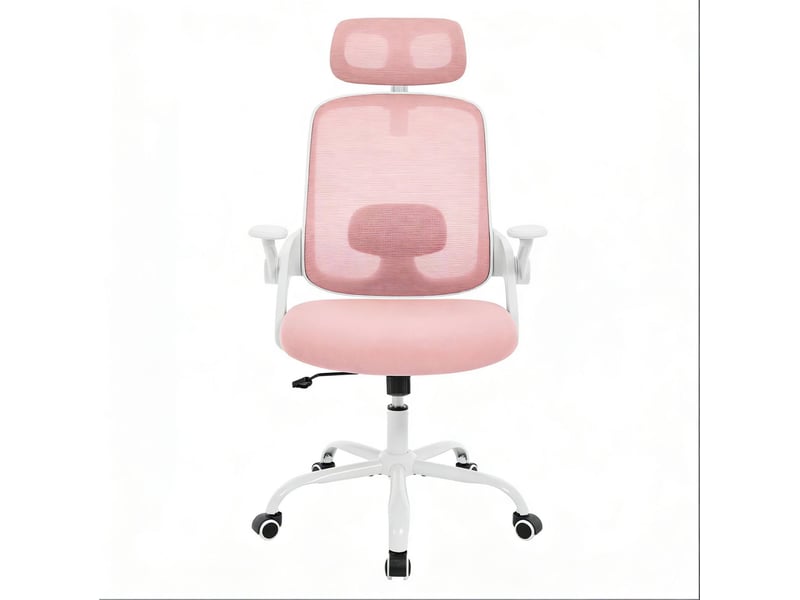  Chaise de bureau ergonomique rose à dossier haut avec appuie-tête réglable, accoudoirs 3d et fonction bascule  - Conforama A