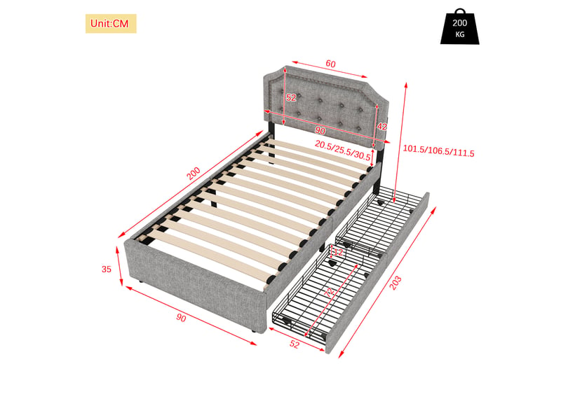 Lit rembourré gris 90x200 cm avec détails cloutés et 2 tiroirs de rangement - Conforama C