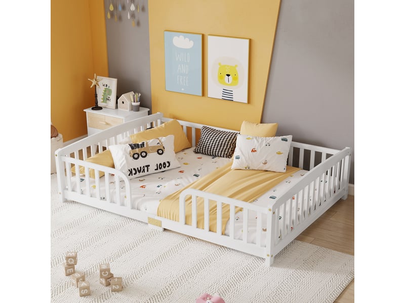  Lit au sol enfant 140x200 cm avec barrière de sécurité - lit montessori blanc en bois de pin  - Conforama B