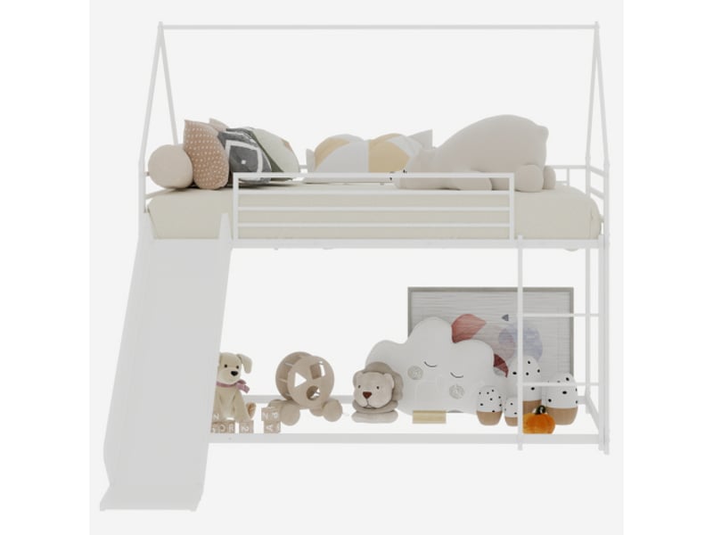  Lit superposé enfant 90x190 cm, lit cabane avec toboggan, forme maison, escalier, blanc, sans matelas  - Conforama E