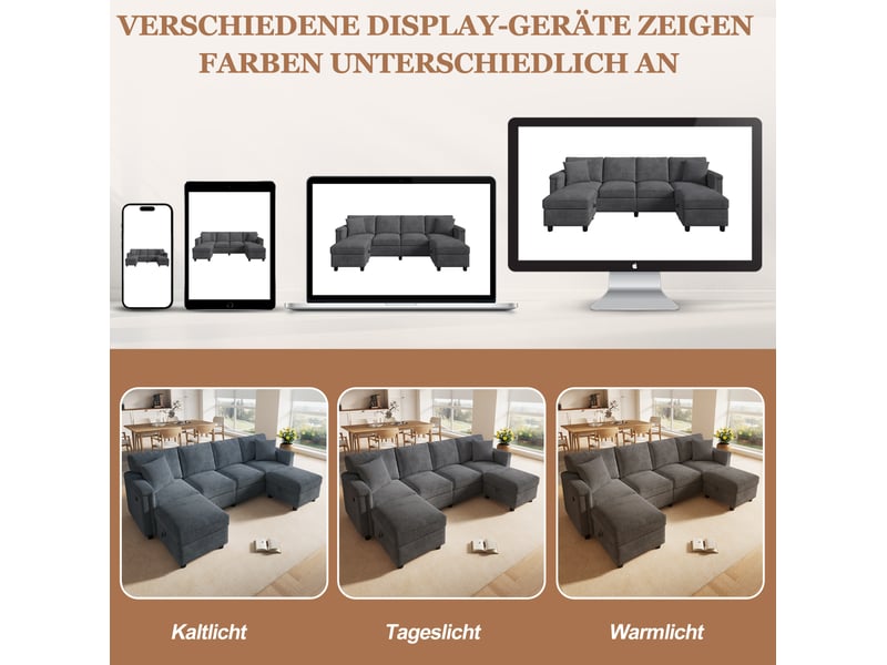  Canapé modulable 261x134x82 cm avec 2 poufs de rangement et 2 coussins décoratifs gris  - Conforama D