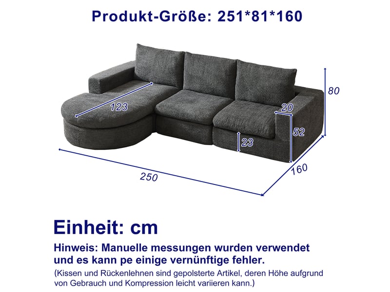  Canapé d’angle modulable en chenille, méridienne réversible, mousse haute densité, 3 coussins, sans montage - gris  - Conforama C