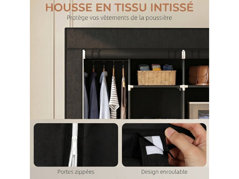  Armoire penderie en tissu à roulettes 10 compartiments noir 166 x 42,5 x 167 cm  - Conforama E