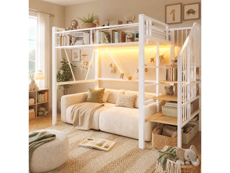  Lit mezzanine,90x200 cm,avec rangements et led,métal et mdf,blanc  - Conforama B