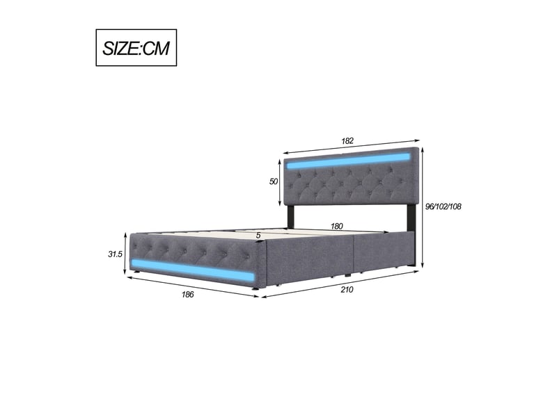 Lit adulte 180x200 cm avec 4 tiroirs, king size, led rgb, lit double capitonné avec tête de lit réglable, en lin, gris - Conforama E