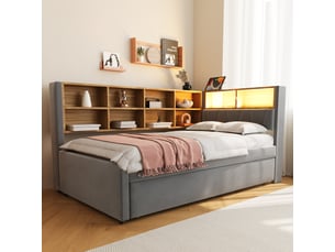 Canapé-lit 90x200 cm en flanelle gris foncé avec lit extensible 90x190, led, prises et rangements, sans matelas