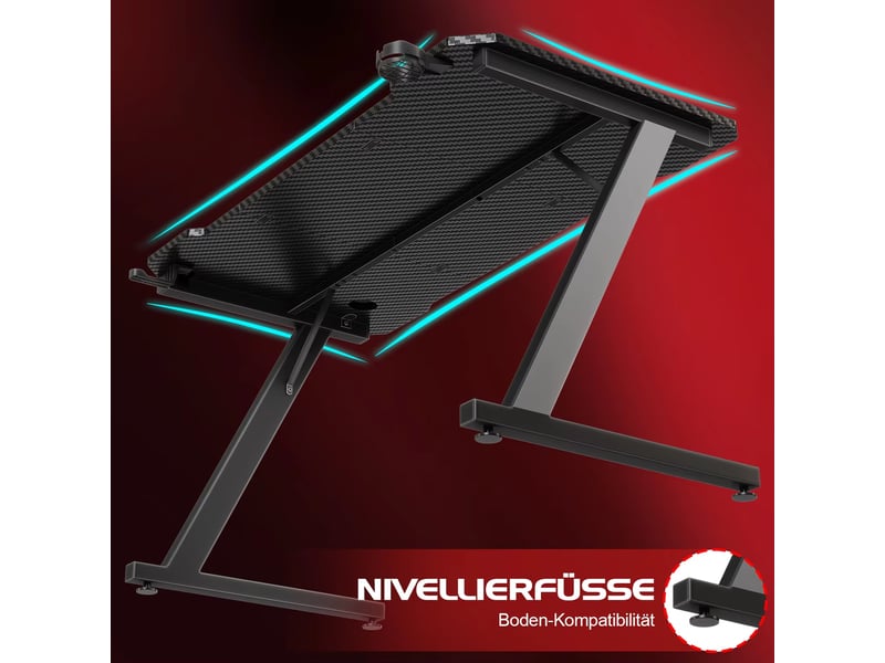  Bureau gaming 120 x 60 cm pour pc, table de jeu avec crochet casque, plateau effet fibre de carbone  - Conforama D