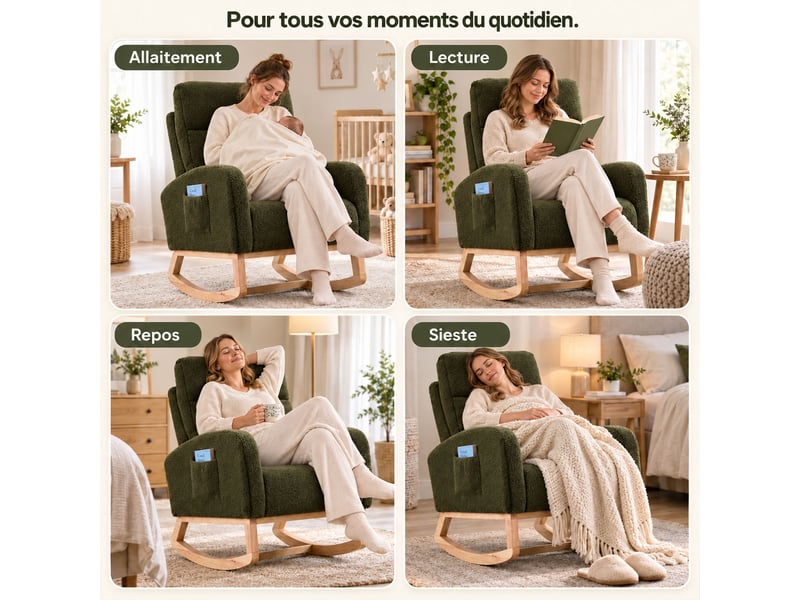  Fauteuil à bascule pour chambre de bébé, tissu teddy, mousse haute densité, cadre bois stable, poche latérale,75*63*104cm,vert  - Conforama D