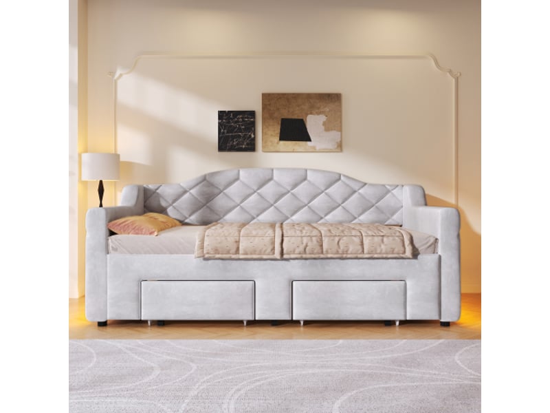  Lit gigogne 90x200 cm extensible à 180x200 cm, avec 2 tiroirs et led, en velours, gris  - Conforama E