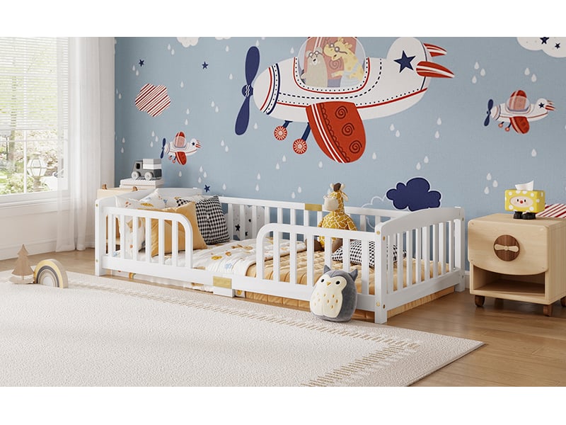  Lit enfant 90x200 cm avec barrières de sécurité blanc pin massif entrée centrale sommier bas Sol Morn - Conforama D