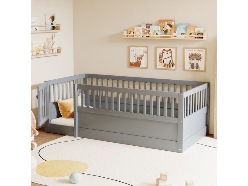  Lit enfant 90x200 cm cadre bois barrières porte gris  - Conforama E