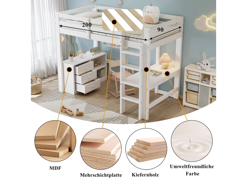  Lit mezzanine blanc 90x200cm avec rangement, bureau et étagères, échelle et tiroirs, gain de place - bois massif - pour enfant ado  - Conforama D