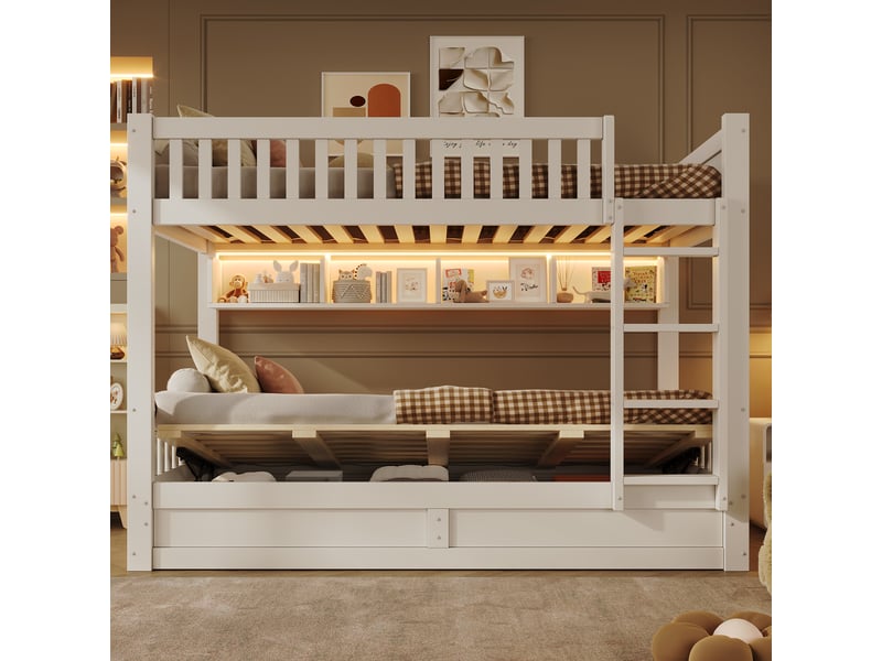  Lit superposé 90 x 200 cm, lit coffre hydraulique avec étagères latérales, éclairage led, échelle et garde-corps, structure blanche en pin et mdf  - Conforama B