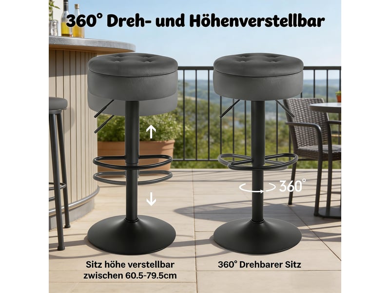  Tabouret de bar pivotant réglable avec rangement - lpospi - repose-pieds métal velours gris foncé  - Conforama E
