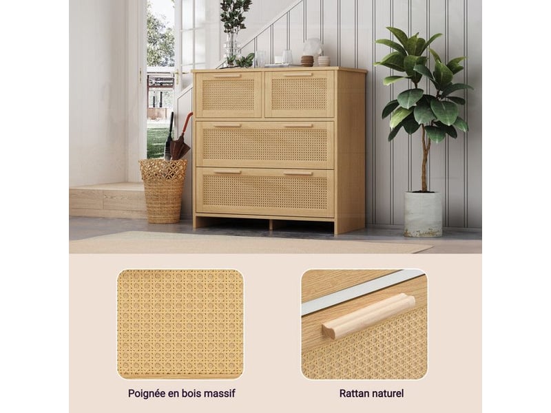 Commode 4 tiroirs en rotin naturel - poignées en bois massif - structure anti-bascule - charge 20kgtiroir - pour salonchambre naturel - Conforama E