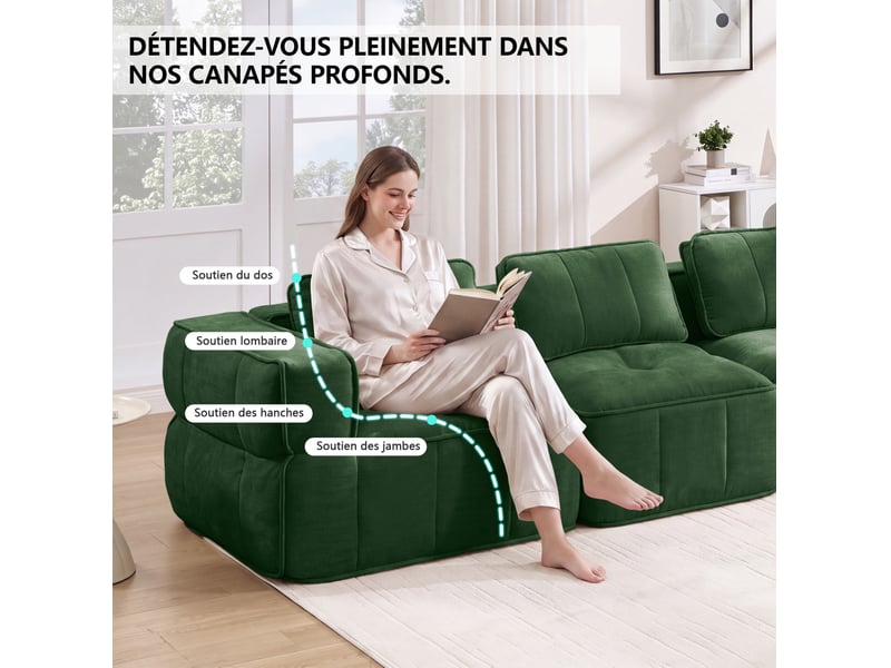 Canapé d'angle modulable 3 places sans cadre avec pouf, en polyester vert - Conforama D